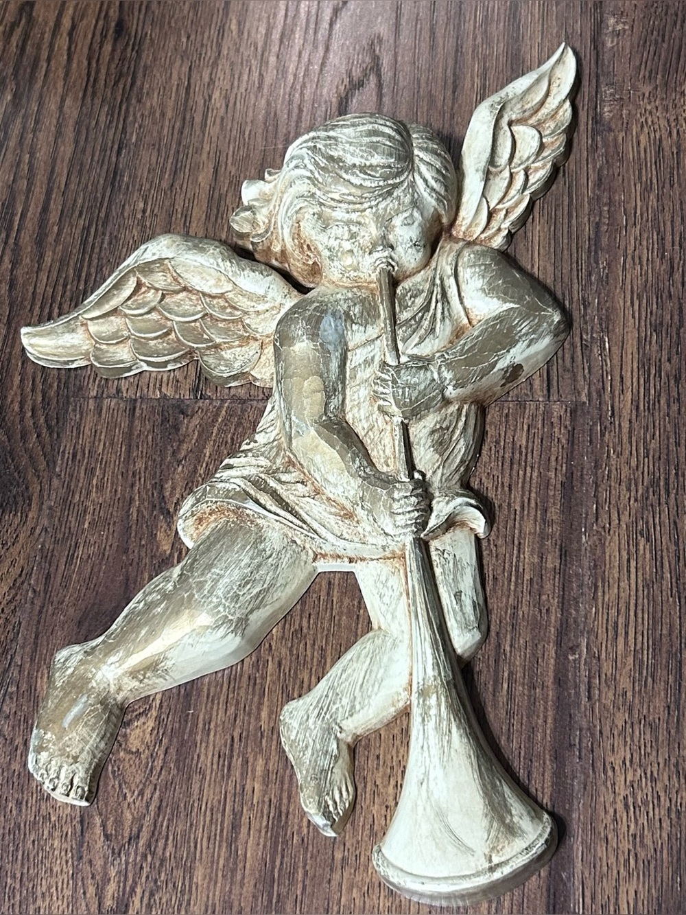 Vintage Syroco MCM Cherub Angel Wall Hanging 1968 EUC Gold Ivory